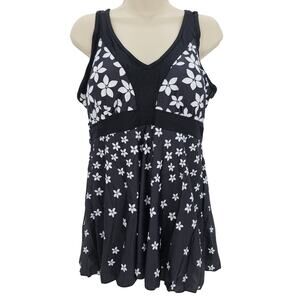 Zando Womans size XL Floral Print boyleg One Piece Swimdress Black/White NWOT